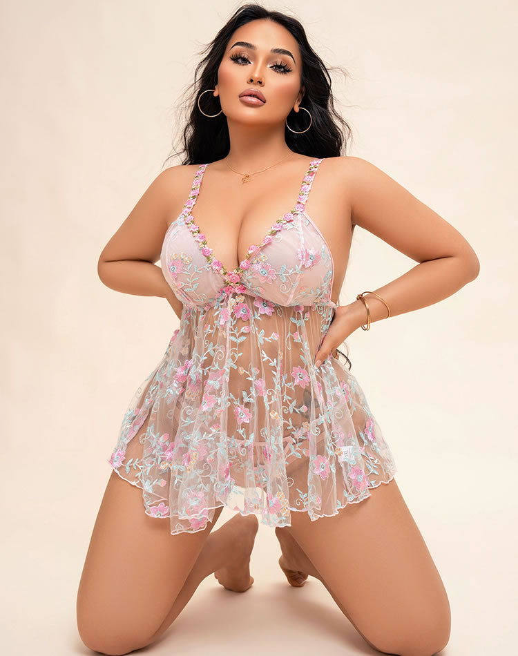 Plus Size Floral Embroidered Sheer Nightie with Flowing Skirt
