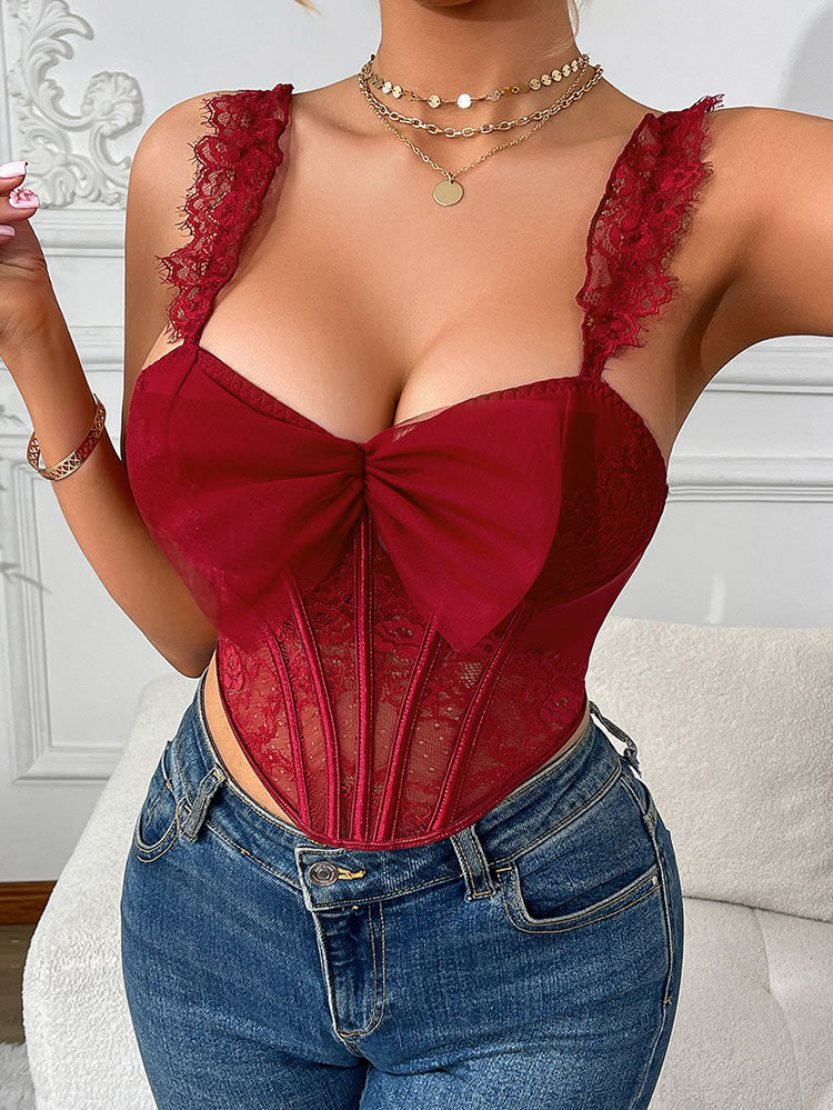 Sheer Lace Corset with Satin Bow and Ruffled Straps