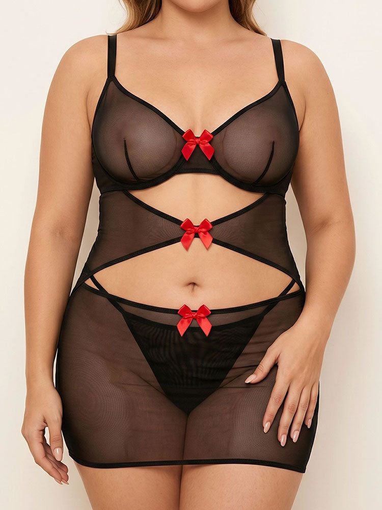 Plus Size Sheer Mesh Chemise Set with Red Bows