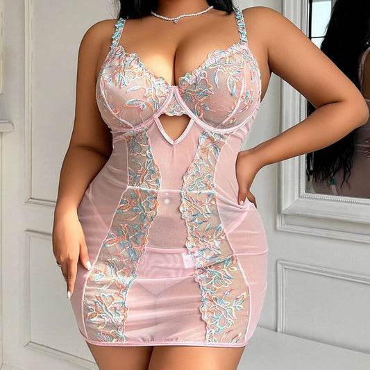 Plus Size Pink Sheer Chemise with Floral Embroidery