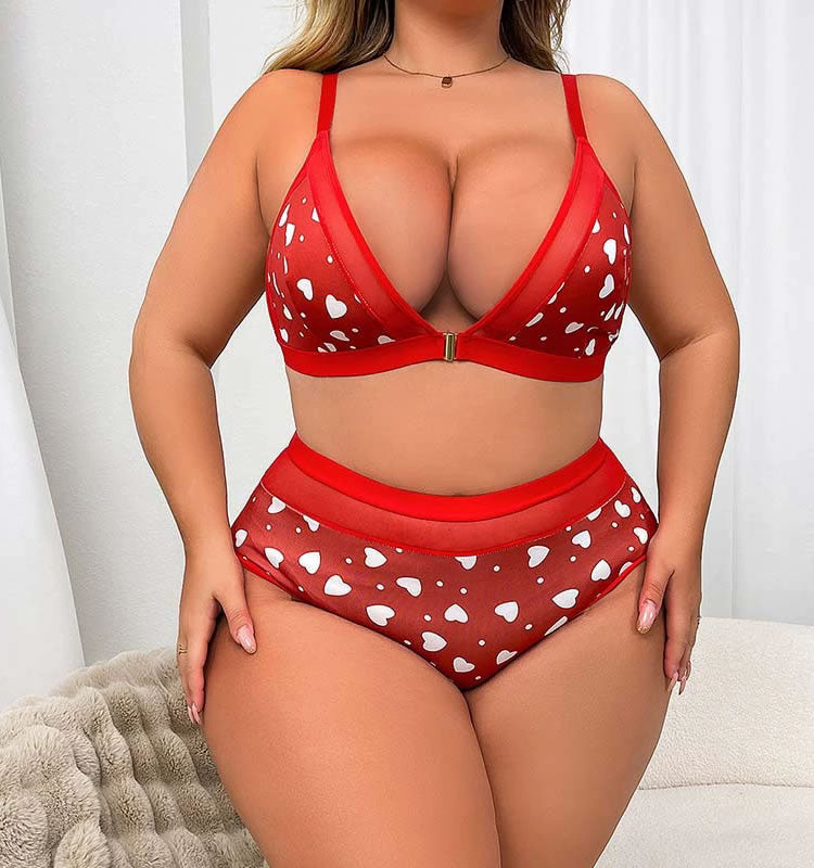 Plus Size Red Heart Print Bra & High-Waist Panty Set