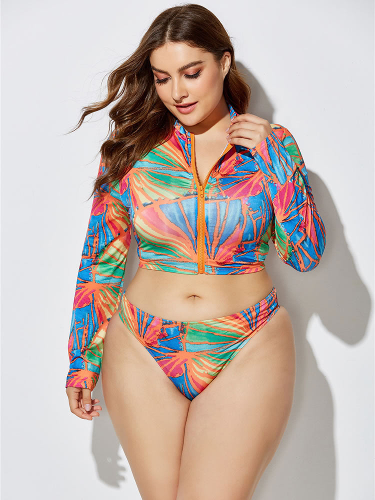 Plus Size Blue & Green Print Zip Front 3-Piece Tankini