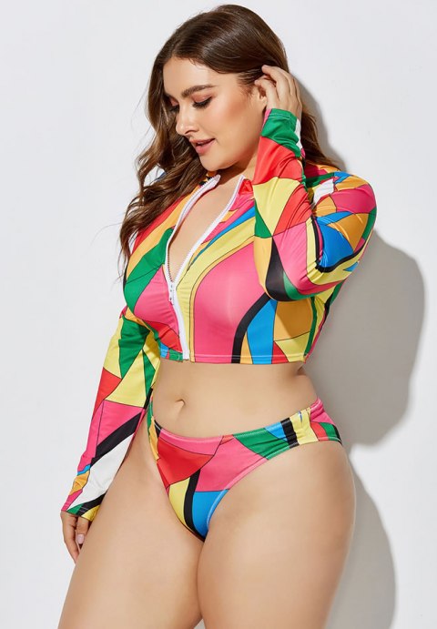 Plus Size Yellow Print Long Sleeve 3-Piece Swimsuit