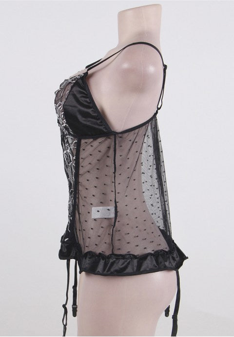 Plus Size Black Floral See-Through Babydoll