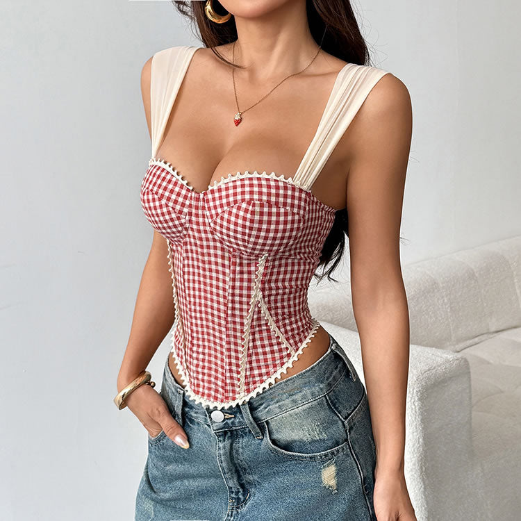 Red Gingham Off-Shoulder Corset Top with Lace Trim