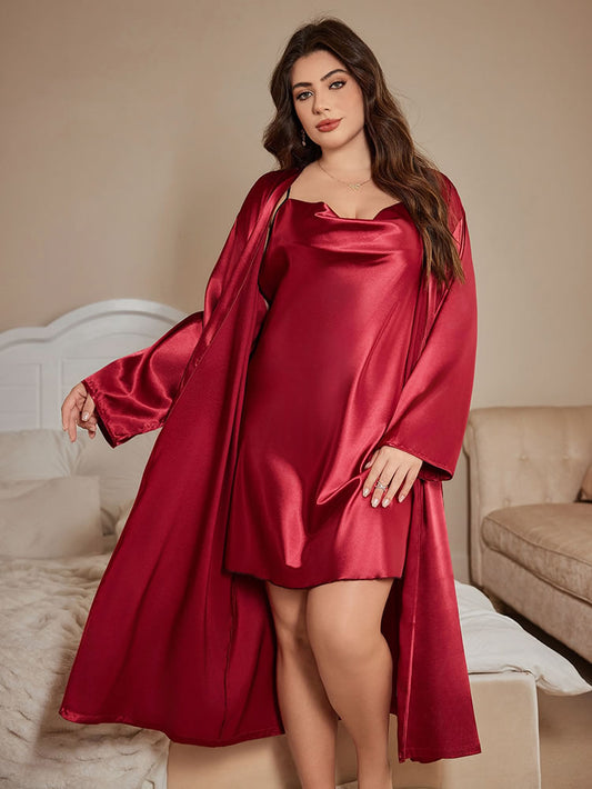 Plus Size Red Satin Slip & Robe Set