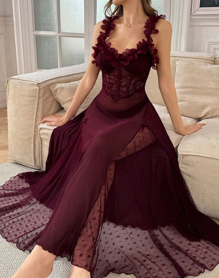 Burgundy Floral Ruffle Bustier Chiffon Gown