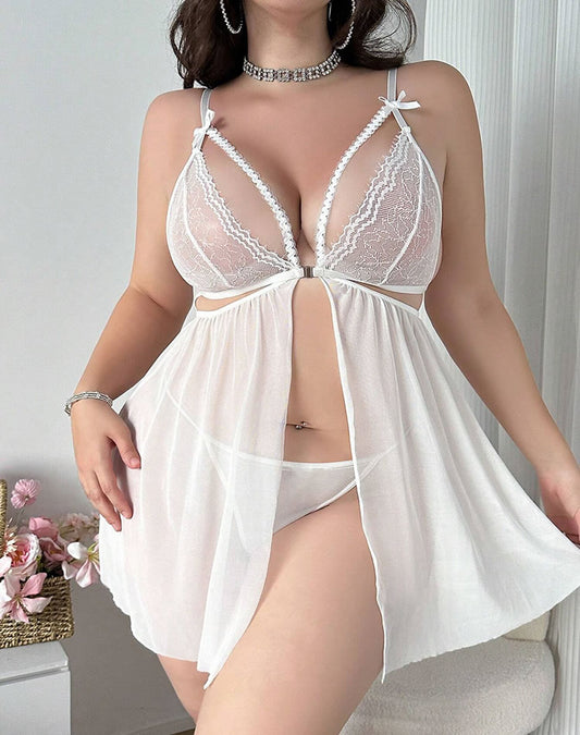 Plus Size White Lace Open-Front Babydoll