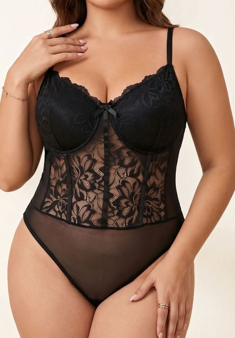Plus Size Black Floral Lace Bodysuit with Sheer Mesh Panels