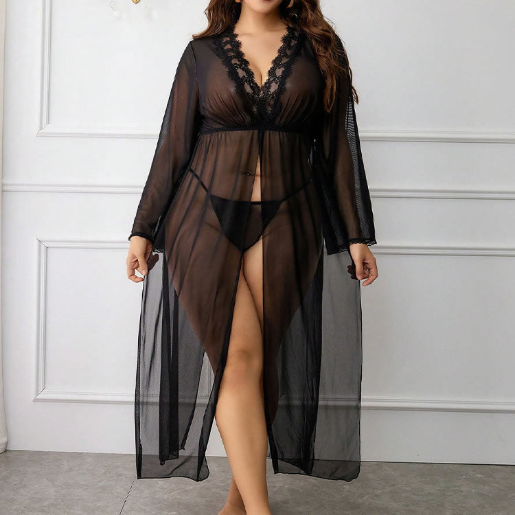 Plus Size Sheer Black Robe with Lace Trim
