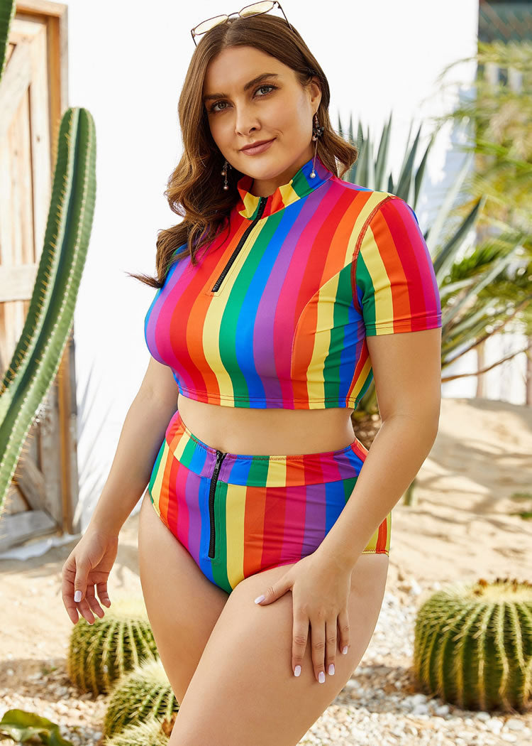Plus Size Tonal Stripe High Waist Bikini Set
