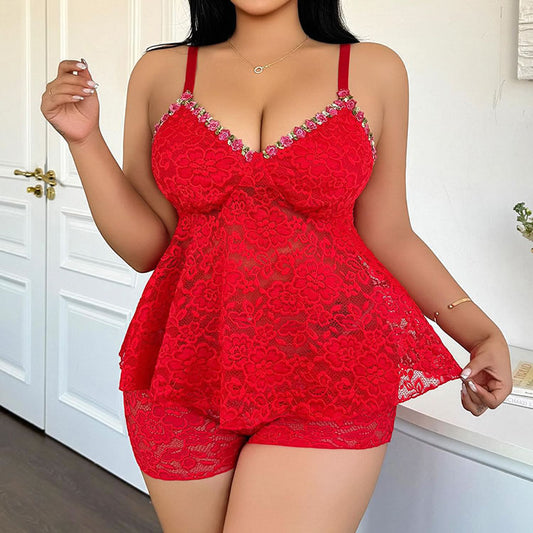 Plus Size Red Lace Babydoll and Short Set