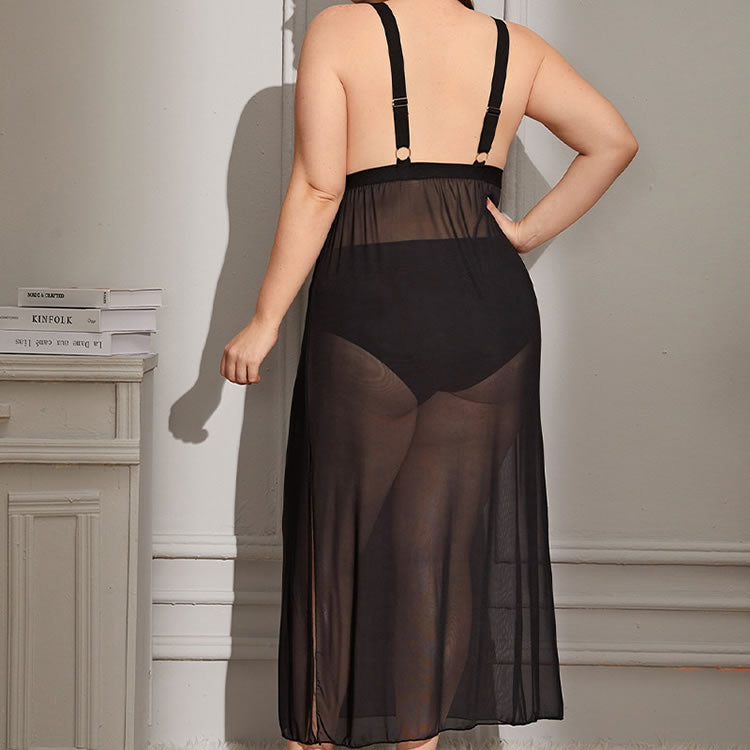 Black Lace Trim Sheer Plus Size Nightgown