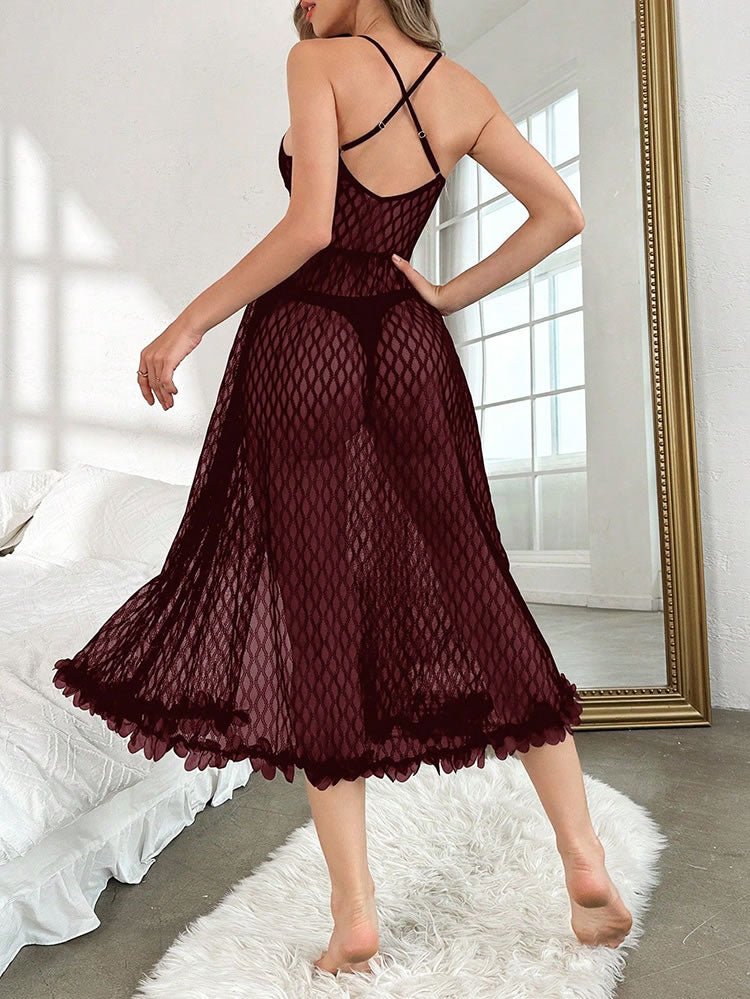 Burgundy Lace Plunge Dress with High-Slit Mesh Skirt