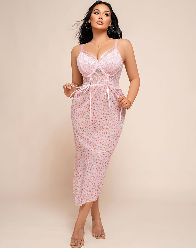 Romantic Pink Floral Slip Dress with Lace Bodice