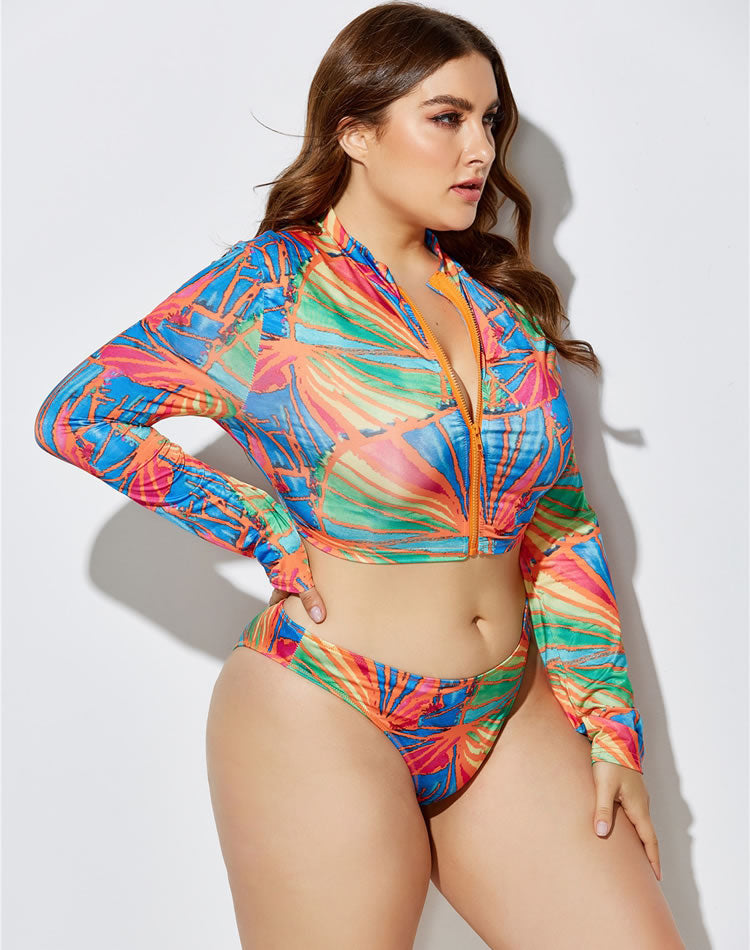 Plus Size Blue & Green Print Zip Front 3-Piece Tankini