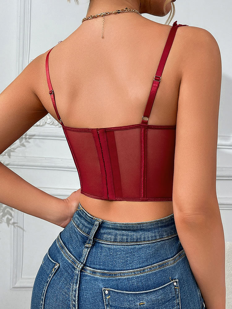 Sheer Lace Corset with Satin Bow and Ruffled Straps