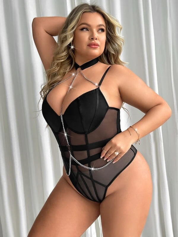 Plus Size Black Mesh Teddy with Chain Choker