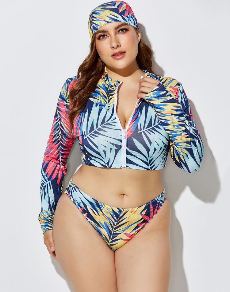 Plus Size Light Blue Print Zip Front 3-Piece Tankini