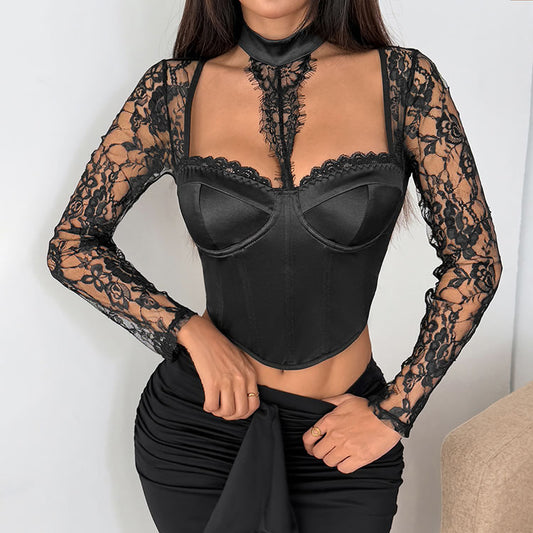 Black Satin Bustier with Sheer Lace Sleeves