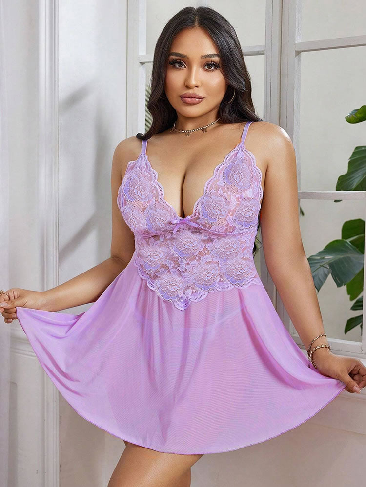 Plus Size Purple Lace Babydoll Set with G-String