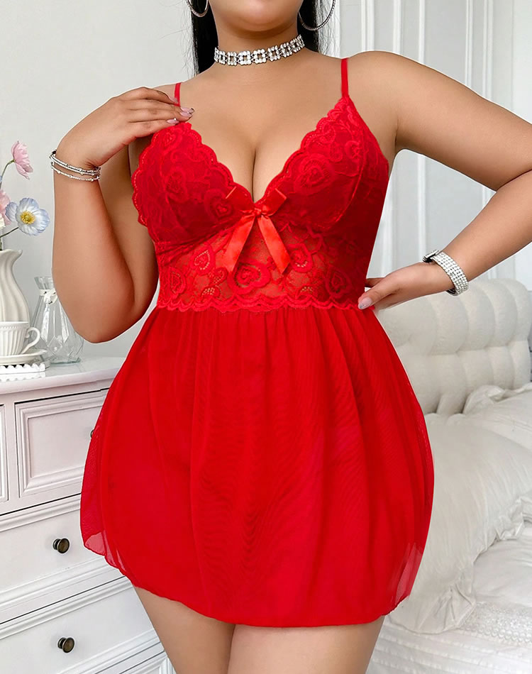 Plus Size Red Lace Babydoll with Chiffon Skirt