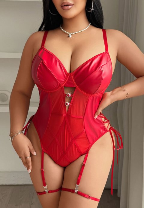 Plus size red faux leather teddy with garters