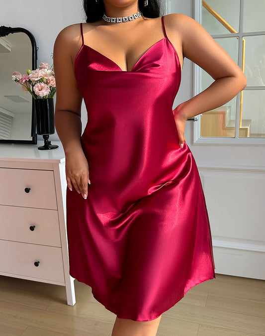 Plus Size Red Satin V-Neck Slip Nightgown